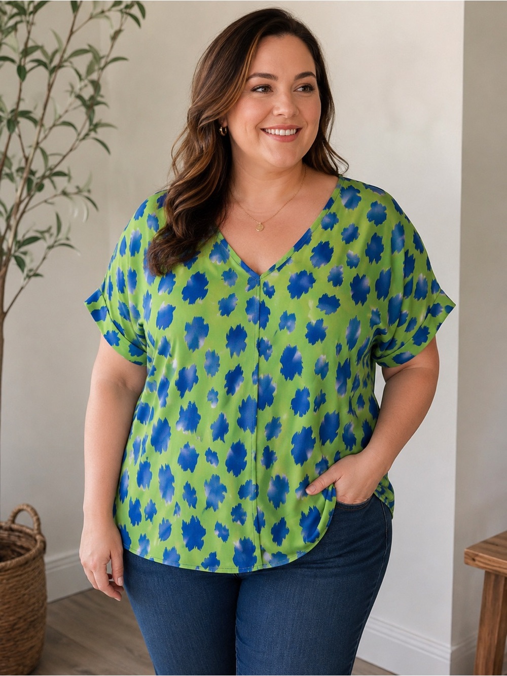 Cotton Bleu V-Neck Short Sleeve Blouse in Lime Green with Blue Leopard Print